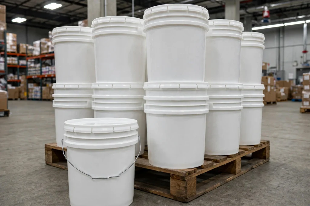 Stacks of white food-grade HDPE 2 gallon buckets bulk packed on a wooden pallet in a warehouse, ready for commercial shipment