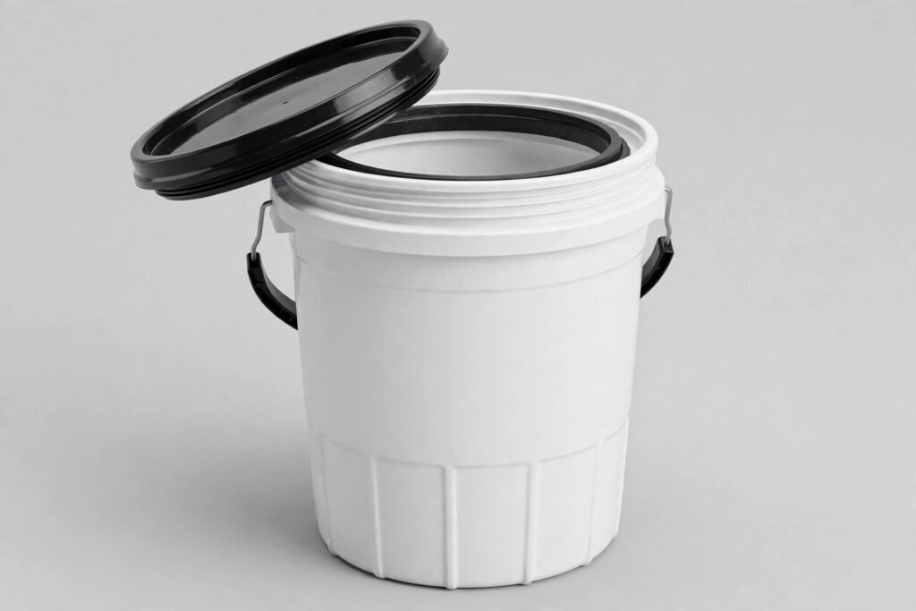 Gamma seal lids for 5 gallon buckets: black screw-on gamma seal lid on a white 5 gallon HDPE bucket