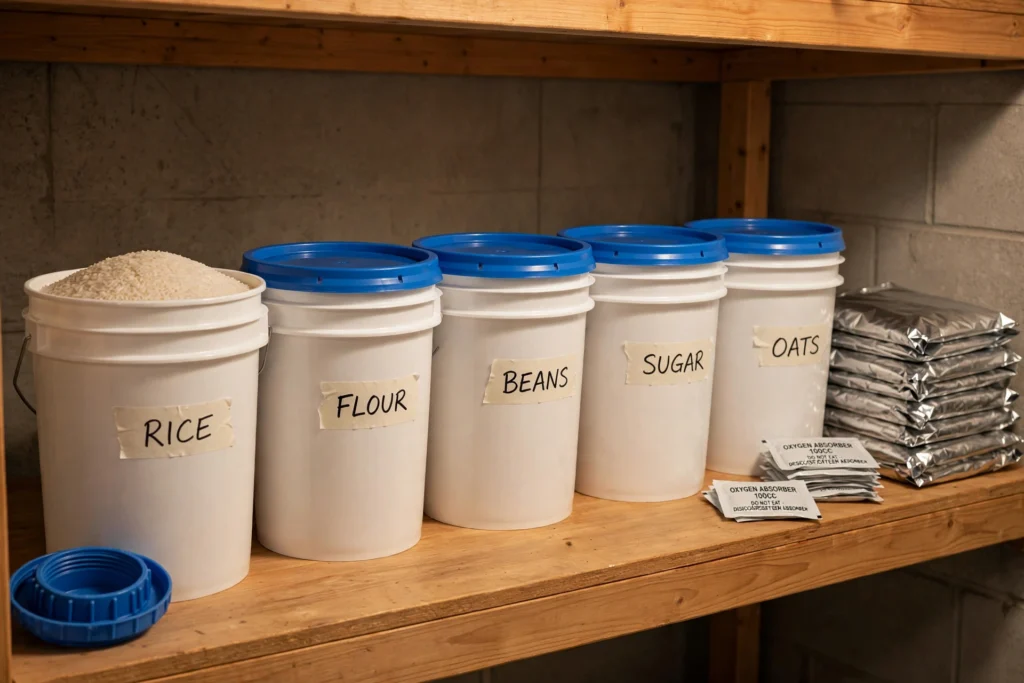 White 5-gallon food-grade buckets with blue gamma seal lids for emergency preparedness, labeled rice, flour, beans, sugar, and oats in a food storage pantry with mylar bags and oxygen absorbers