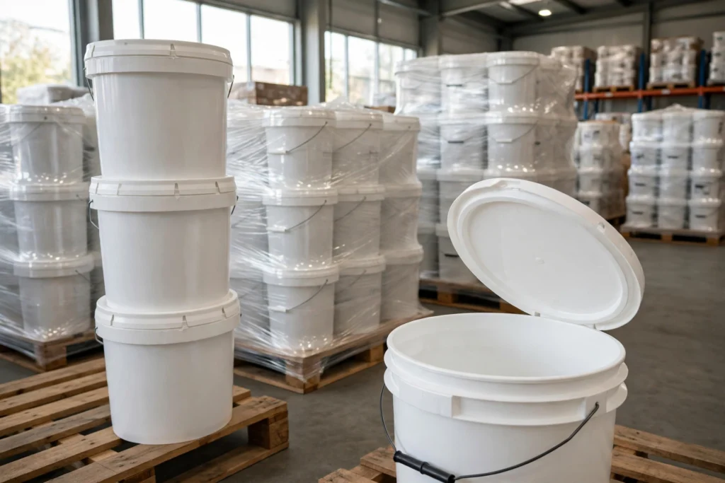 White food-grade HDPE 1-gallon buckets with snap-on lids stacked on a pallet in a commercial warehouse (1 gallon buckets bulk)