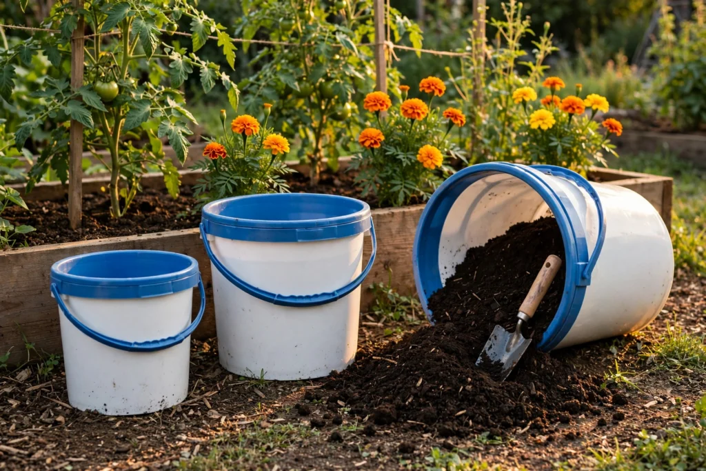 White plastic buckets with blue rims — among the best buckets gardening composting — beside a raised garden bed, one tipped with dark compost soil spilling out next to a hand trowel.