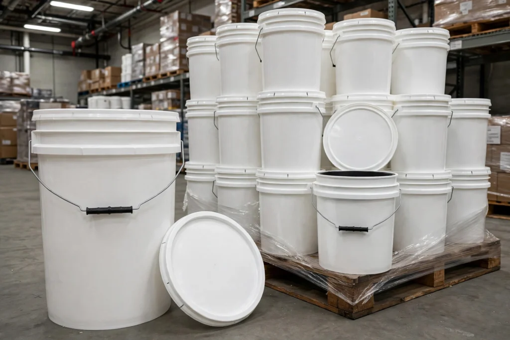 Tall white food-grade HDPE 7-gallon bucket with lid beside it in a commercial warehouse aisle, pallet of stacked white buckets behind it (7 gallon buckets in bulk)