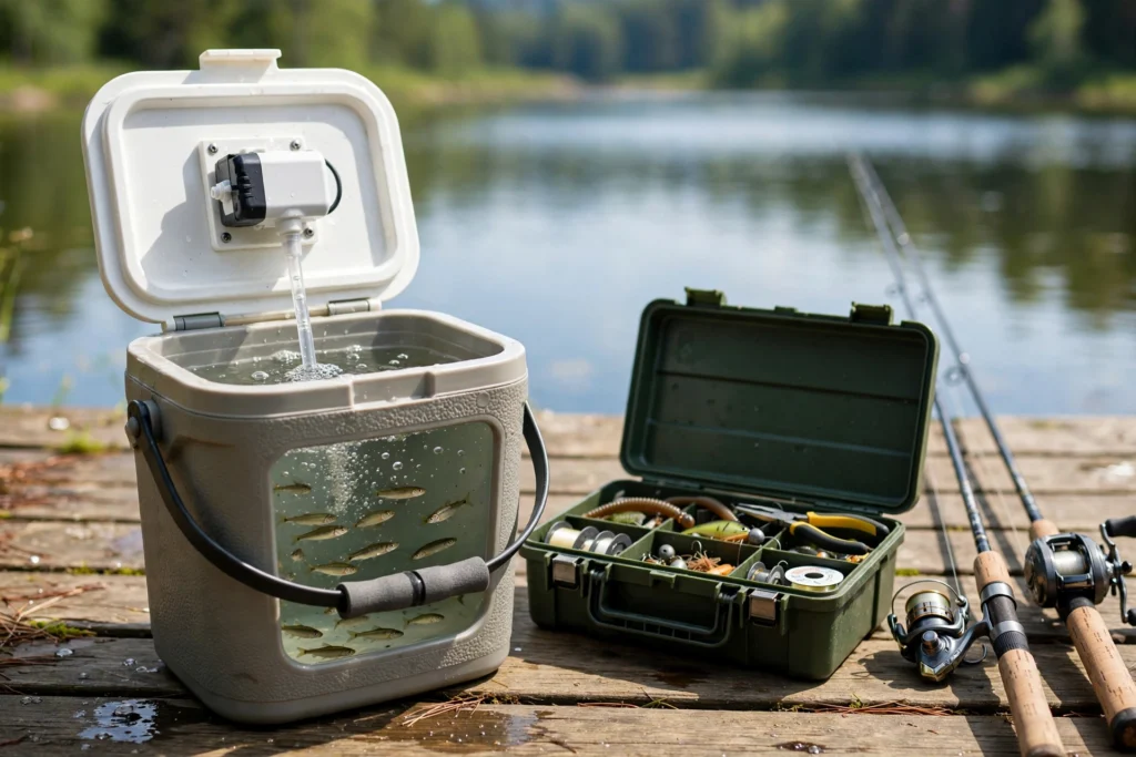 Insulated live bait bucket with aerator lid holding minnows on a dock beside a tackle box — bait buckets wholesale