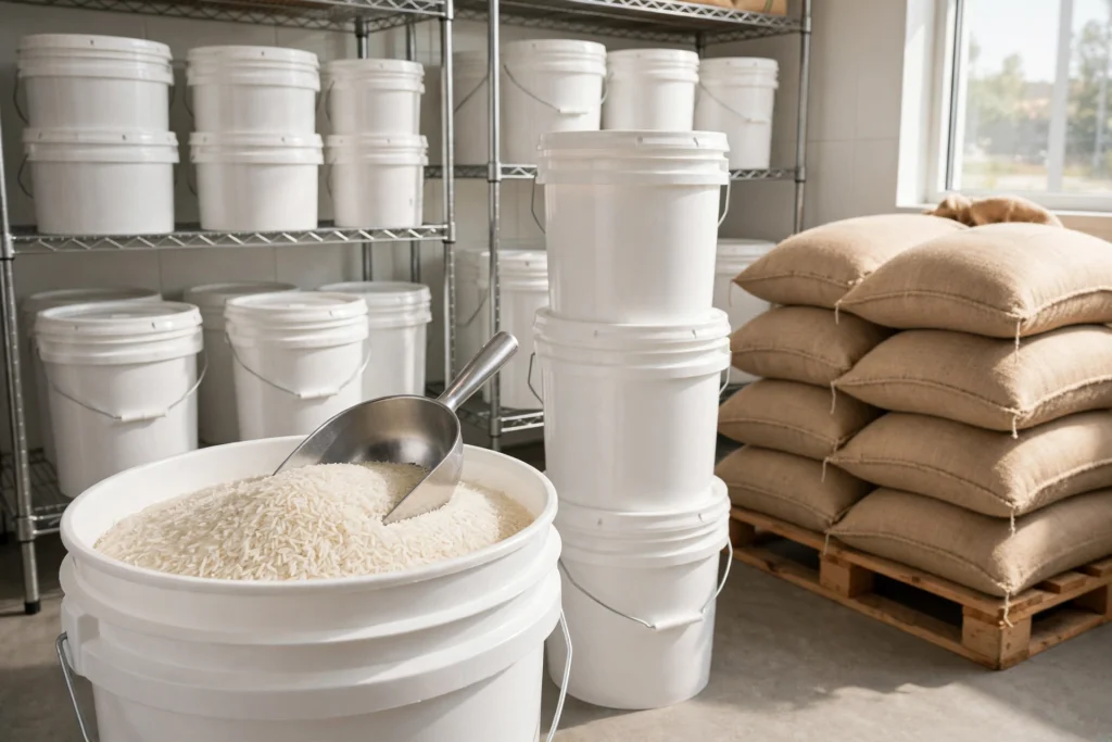 White food-grade HDPE 5-gallon buckets with lids in a bright commercial pantry, one open bucket filled with dry white rice and a scoop on top, stacked rice bags nearby (buckets for rice storage)