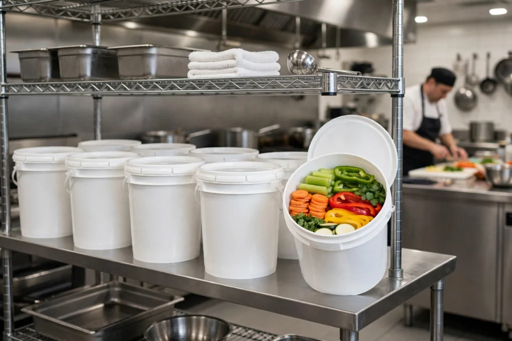 Row of white food-grade HDPE buckets with lids on stainless steel shelving in a commercial restaurant kitchen — commercial buckets for restaurants