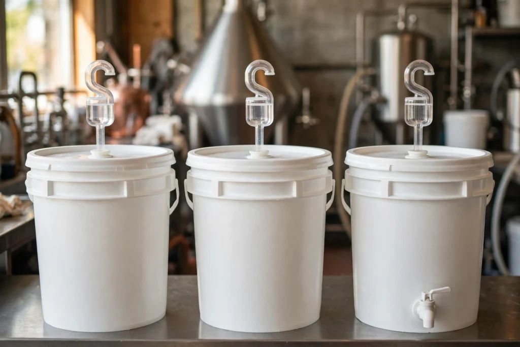 White food-grade HDPE fermentation buckets with S-shaped airlocks on the lids and a spigot on one bucket in a craft brewery (fermentation buckets bulk)