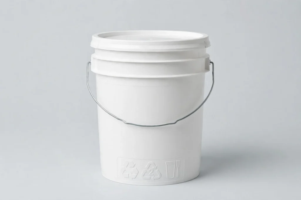 White food-grade HDPE bucket with lid showing embossed number-2 recycling code and cup-and-fork food-safe symbols (HDPE buckets food grade explained)