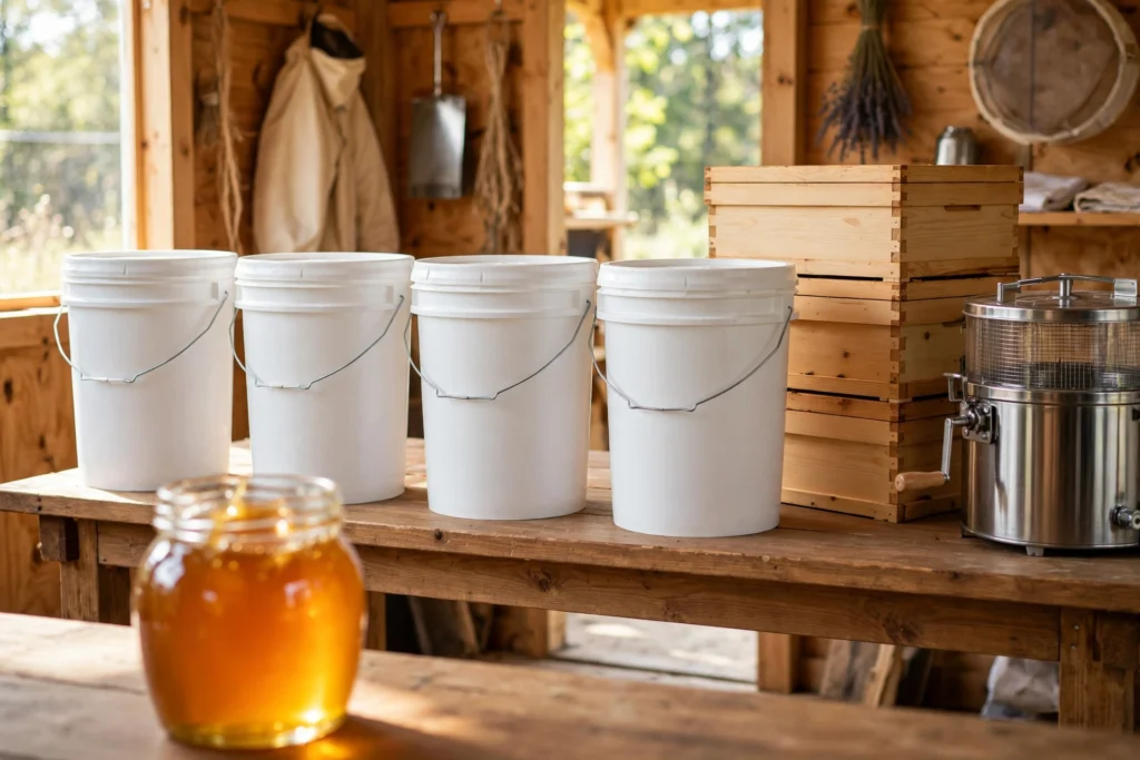 Food-grade HDPE buckets for honey storage with lids beside wooden honey supers and an extractor in an apiary shed.