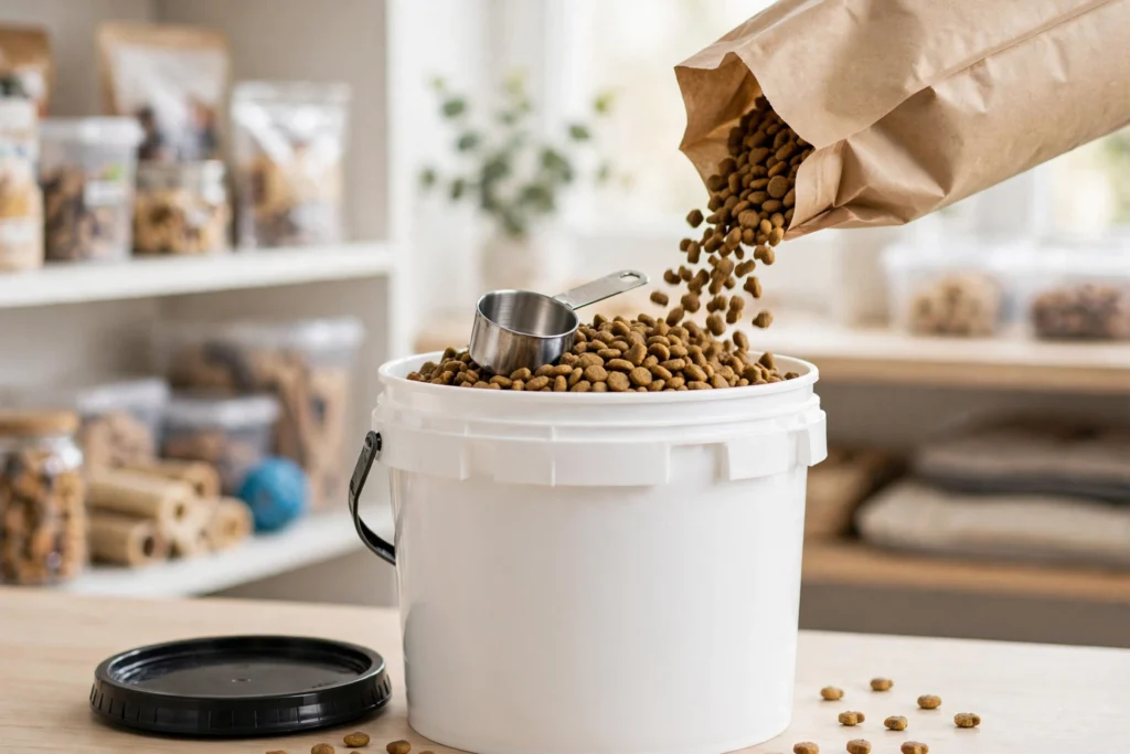 White food-grade HDPE 5-gallon bucket with black airtight spin-on lid standing open as dry dog kibble pours from a bag into it, with a measuring scoop resting on the kibble