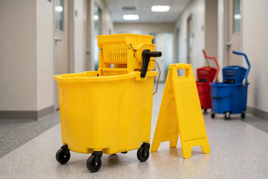 Yellow 35-quart commercial mop bucket with side-press wringer on casters beside a wet-floor caution sign, with red and blue color-coded janitorial buckets in the background of a facility corridor