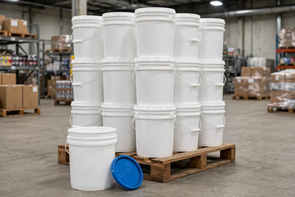 Stack of 3.5 gallon buckets in bulk with lids for commercial buyers