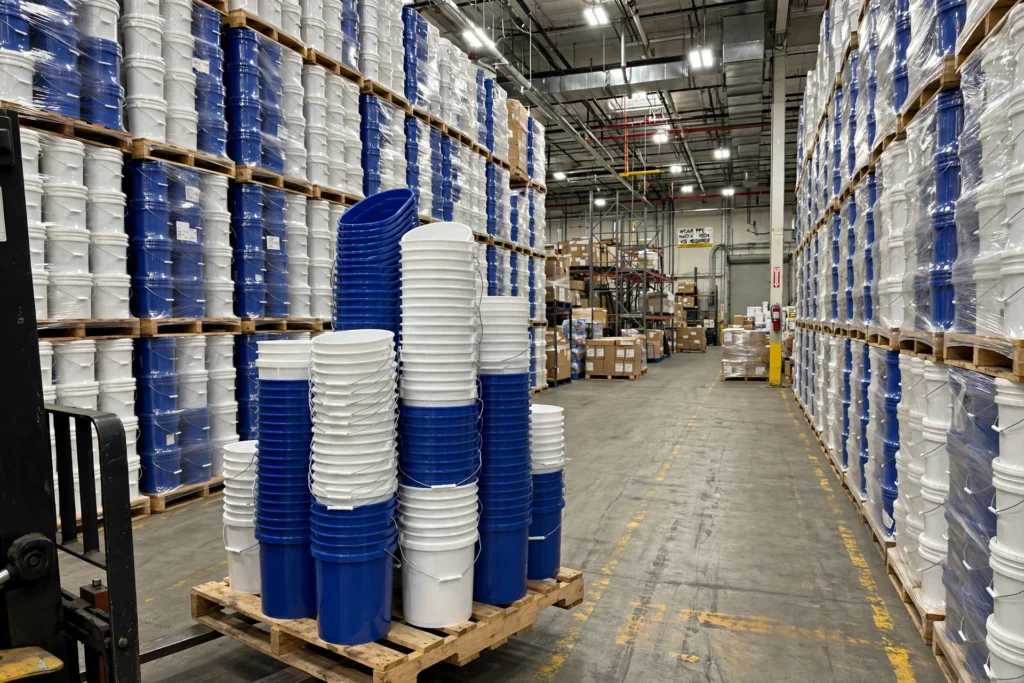 Pallets of white and blue HDPE buckets stacked in a warehouse — wholesale buckets USA bulk pricing guide featured image