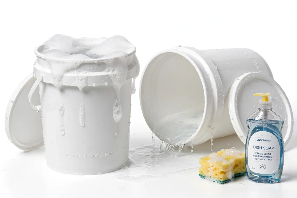 Washing a white food-grade HDPE bucket with soap suds — how to clean food grade buckets