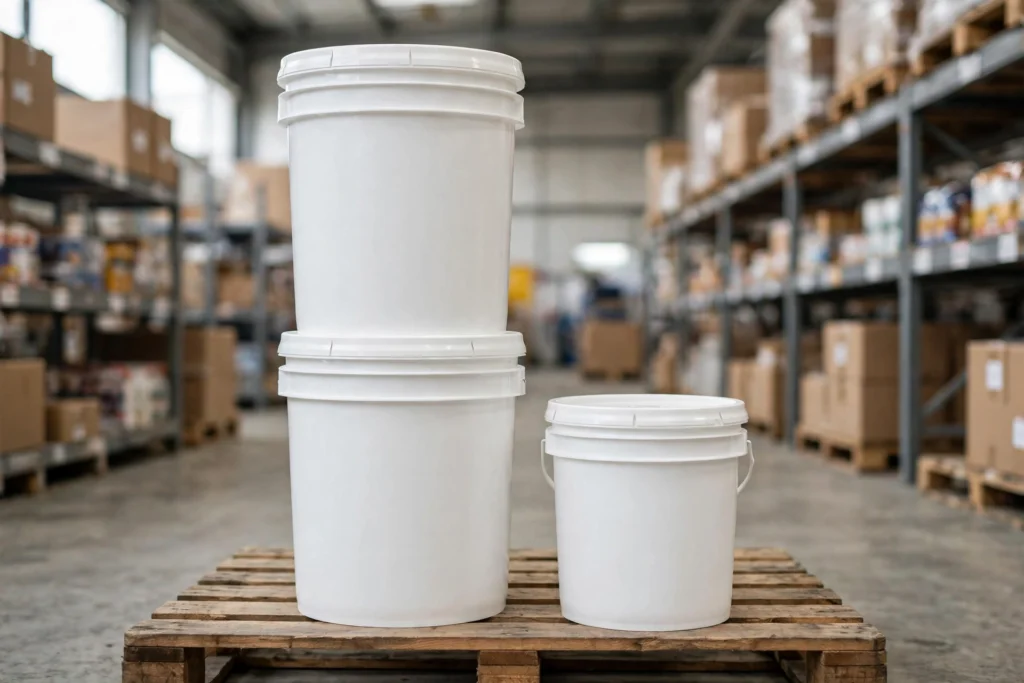 Tall white 6-gallon HDPE food-grade buckets with lids on a warehouse pallet — 6 gallon buckets in bulk beside a standard 5-gallon bucket for scale