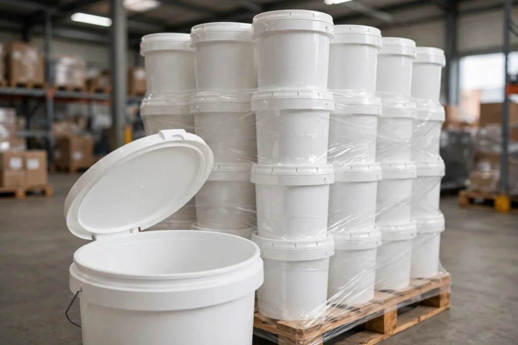 White food-grade HDPE buckets with lids palletized in a commercial warehouse, one foreground bucket with lid open (buckets with lids bulk)