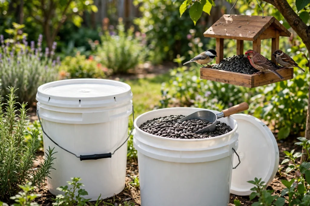 White food-grade HDPE 5-gallon buckets with lids in a sunny backyard garden, one open bucket filled with black oil sunflower bird seed and a scoop on top, a wooden bird feeder hanging nearby (buckets for bird seed storage)