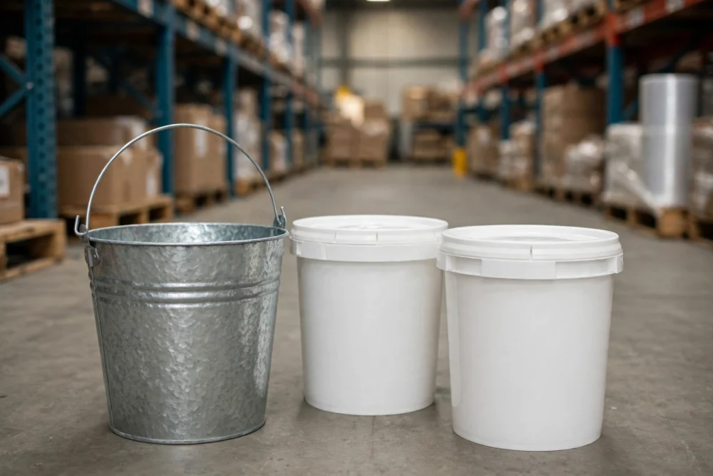 Galvanized steel bucket beside white food-grade HDPE plastic buckets with lids in a commercial warehouse aisle