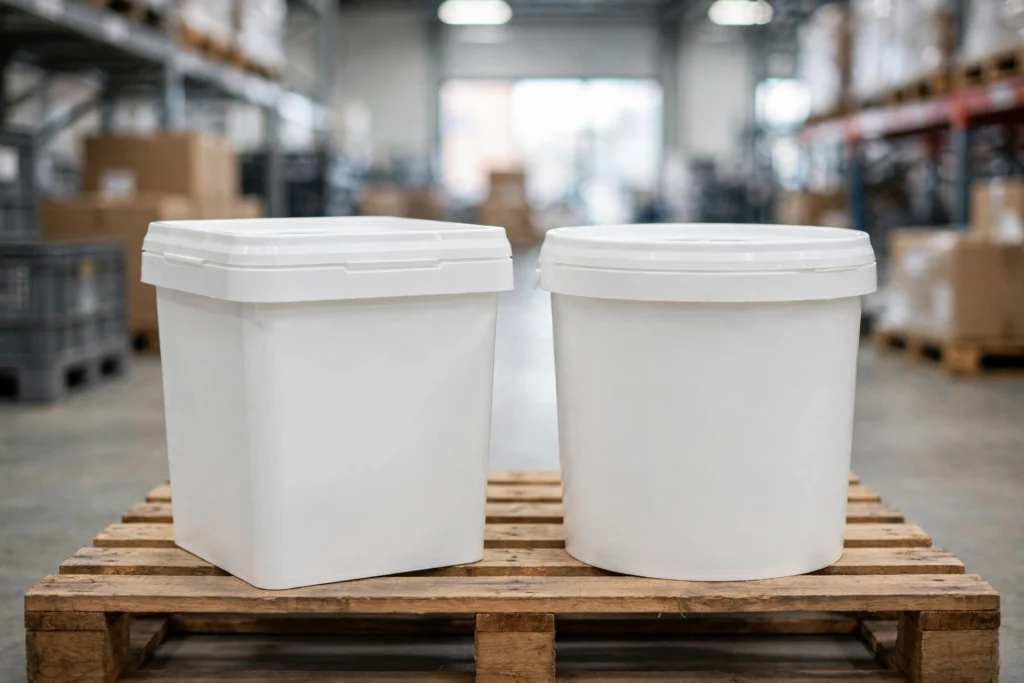Square buckets vs round buckets — white square pail and white round bucket with lids side by side on a pallet
